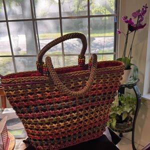 Handwoven Multicolor Straw Tote Bag with Braided Handles